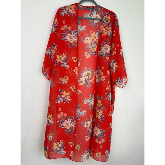 Floral Flowy Beach Coverup Red Sz Small Sheer Boho Floral Kimono Duster Summer - Picture 1 of 8